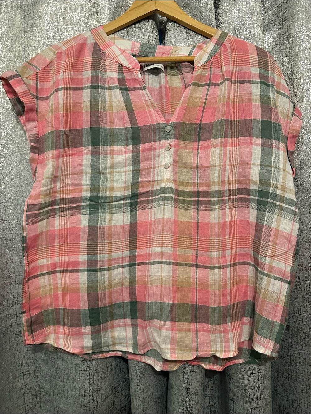 Sonoma Pink and Green Plaid Short-Sleeve Button-Neck Blouse